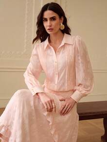 ZEYLAH Elegant Jacquard Blouse & Ruffle Hem Skirt Set, Spring/Summer - Baby Pink - View 9