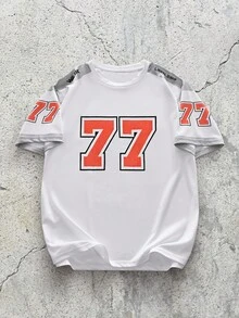 EVRINFINITE Men's Summer Fashion Street Style T-Shirt, Casual Round Neck Short Sleeve Top With 3D Numeric Printing - Black With Orange 77 - White - View 1