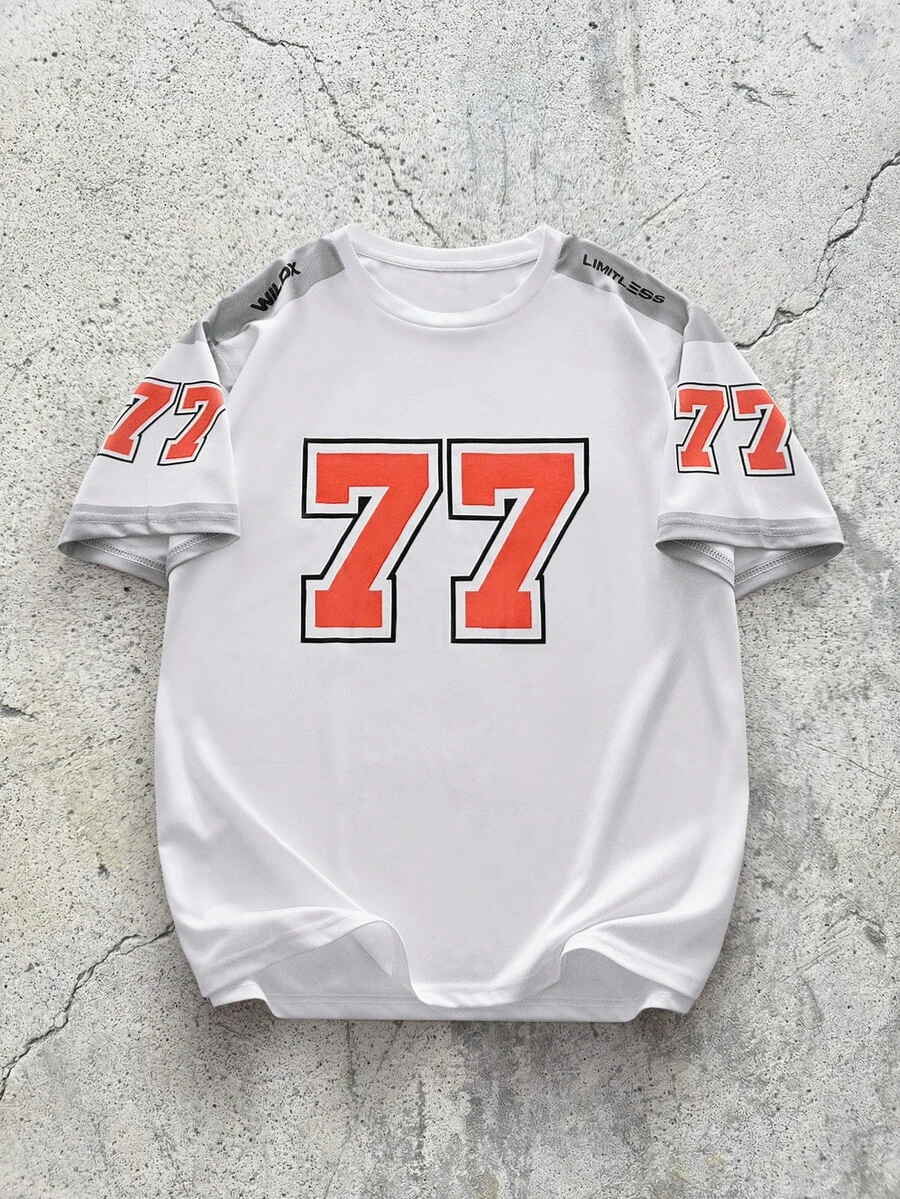 EVRINFINITE Men's Summer Fashion Street Style T-Shirt, Casual Round Neck Short Sleeve Top With 3D Numeric Printing - Black With Orange 77 - White - View 1