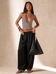 SHEIN BAE 女士纯色弹力腰带口袋休闲百搭通勤阔腿裤，夏季假期，夏季休闲装，黑色裤子，黑色波西米亚风长裤，缎面长裤，休闲长裤，慢跑裤，灯笼裤 - 黑色 - 查看 7