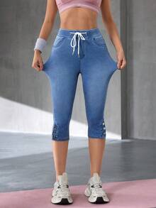 Flexra Women's Casual Commuting Drawstring Waist Button Fly Hem Skinny 3/4 Length Jeans - Blue - View 5