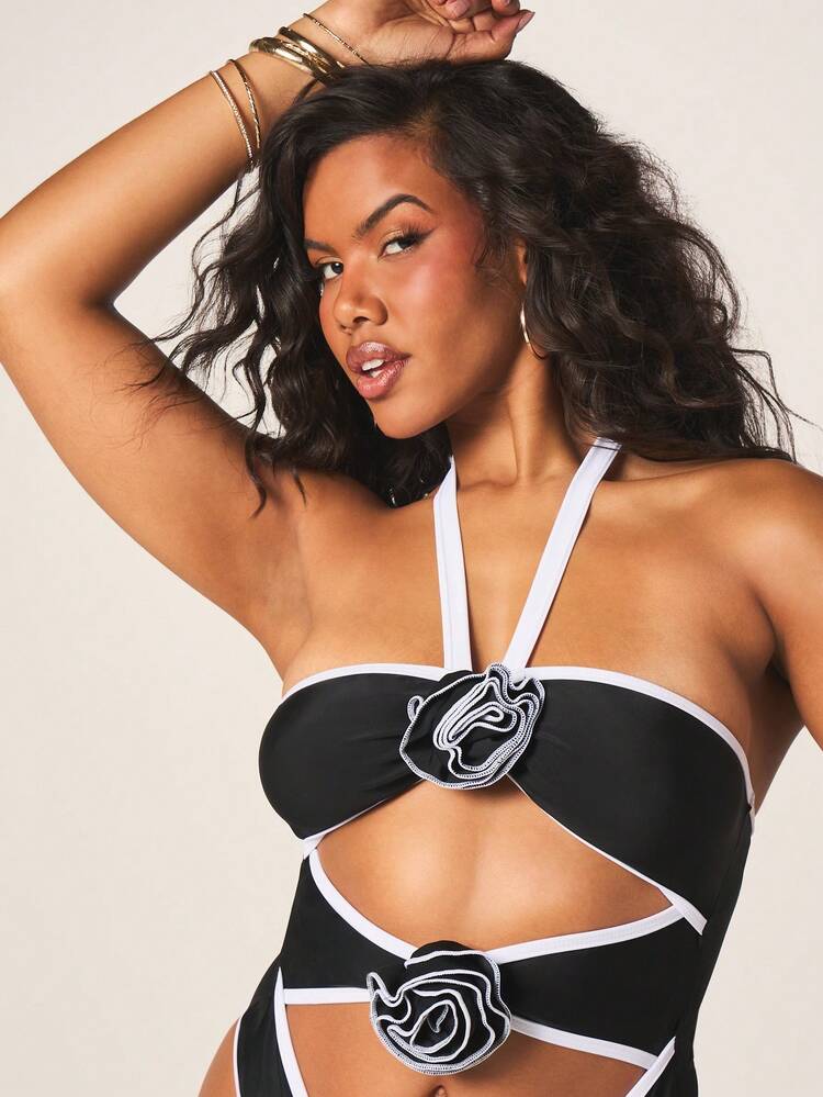 MISSGUIDED Halter Neck One Piece Swimsuit With White Contrast Trim And Decorative Ring Details For Women Summer Beachwear