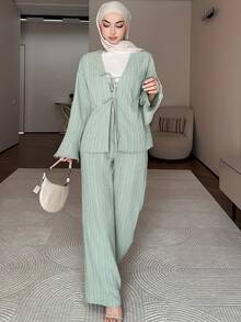 DAZY Women's Casual Textured Tie-Up Flare Sleeve Shirt And Flare Pants 2 Pieces Set, Spring/Summer - Green - View 6