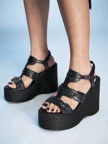 Sugerpunk 女士厚底凉鞋，露趾坡跟厚底凉鞋，时尚鞋履 - 黑色 - 查看 5