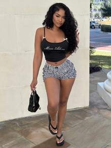 Alexandranx Women Fashionable Letter Rhinestone Embellished Bow Tie Camisole Top - Black - View 1