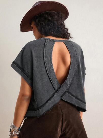 Freevana Camiseta suelta de manga de murciélago con espalda hueca y lavado, de moda sexy para mujer de talla grande, de verano