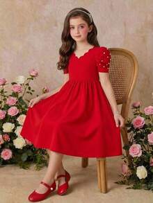 SHEIN Girls' Elegant Pearl Beaded Gigot Sleeve Waist Gathered Flare Hem Princess Dress, Red - Red - View 8