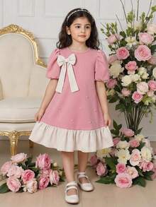 SHEIN Girls' Casual Black Contrast Collar Waist Knit Dress - Pink - View 1