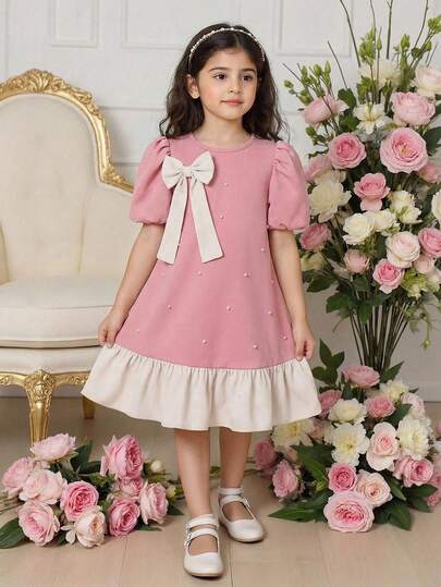 SHEIN Girls' Casual Black Contrast Collar Waist Knit Dress