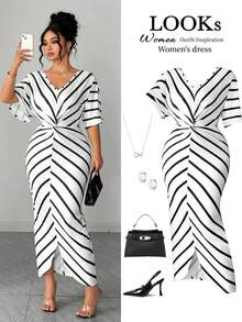 SHEIN Elenzya Fitted Plus Size Elegant Striped Long Dress For Women With V Neck Half Sleeve And Asymmetrical Wrap Detail - White - View 1