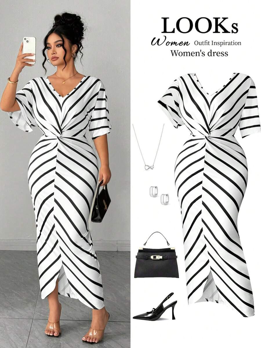 SHEIN Elenzya Fitted Plus Size Elegant Striped Long Dress For Women With V Neck Half Sleeve And Asymmetrical Wrap Detail - White - View 1
