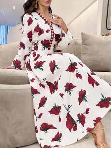 Yasmyna 女士印花V领腰带设计优雅阿拉伯连衣裙 - 彩色 - 查看 1