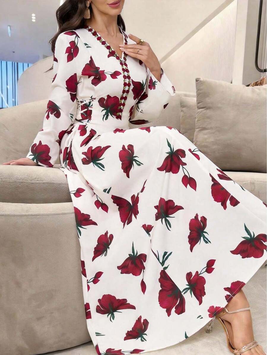 Yasmyna 女士印花V领腰带设计优雅阿拉伯连衣裙 - 彩色 - 查看 1