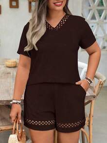 EMERY ROSE Conjunto de talla grande para mujer de unicolor con cuello en V, volantes y mangas cortas, casual, de vacaciones, diario y elegante, para primavera/verano - Café integral - Ver 3