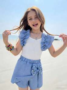 Conjunto casual de verano de 2 piezas para niñas pequeñas con parte superior sin mangas acanalada con volantes de perlas y falda pantalón con lazo de unicolor - Blanco - Ver 4