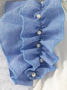 Conjunto casual de verano de 2 piezas para niñas pequeñas con parte superior sin mangas acanalada con volantes de perlas y falda pantalón con lazo de unicolor - Blanco - Ver 5