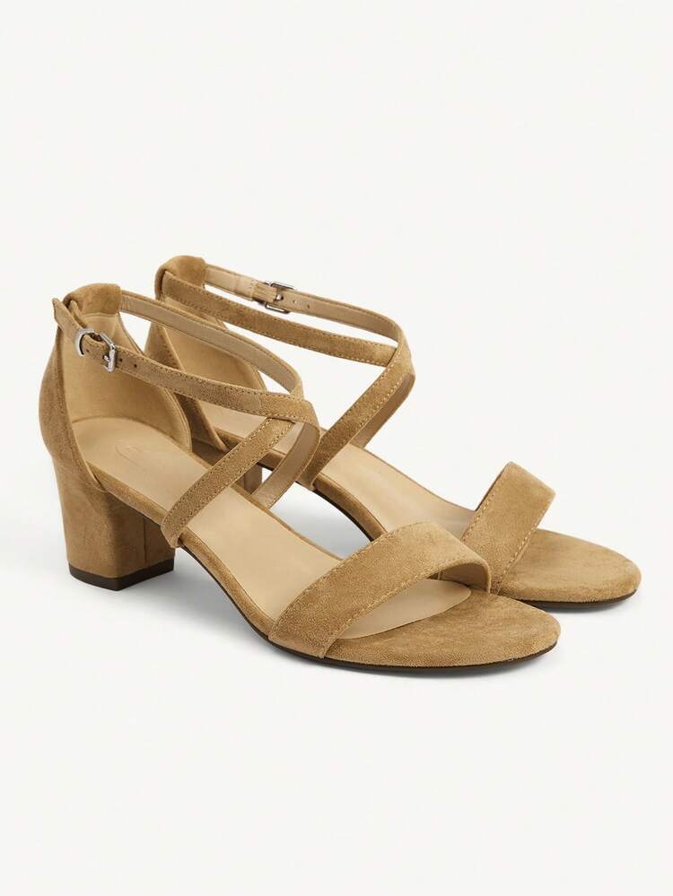 CUCCOO CHICEST Women's Elegant Commuting Fashion Sandals, New Spring/Summer Hollow-Out Criss-Cross Strap Square Toe Chunky Heel, Khaki Faux Suede, Versatile For Workplace Elegant Shoes Wedding Shoes