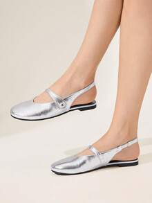 CUCCOO CHICEST Women's Flat Sandals, Silver Texture PU Material, Buckle Round Toe Flat Bottom Slippers, Silver Mary Jane Flat Sandals, Elegant Women's Flat Shoes, Light, Comfortable And Versatile, Casual, Suitable For Daily Commuting/Festival Thanksgiving/Prom Party/Outerwear Women's Shoes Wedding Shoes - Silver - View 4