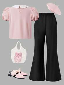 SHEIN 少女T恤套装，白色上衣配时尚领子，搭配黑色条纹裤，适合夏季度假 - 彩色 - 查看 3