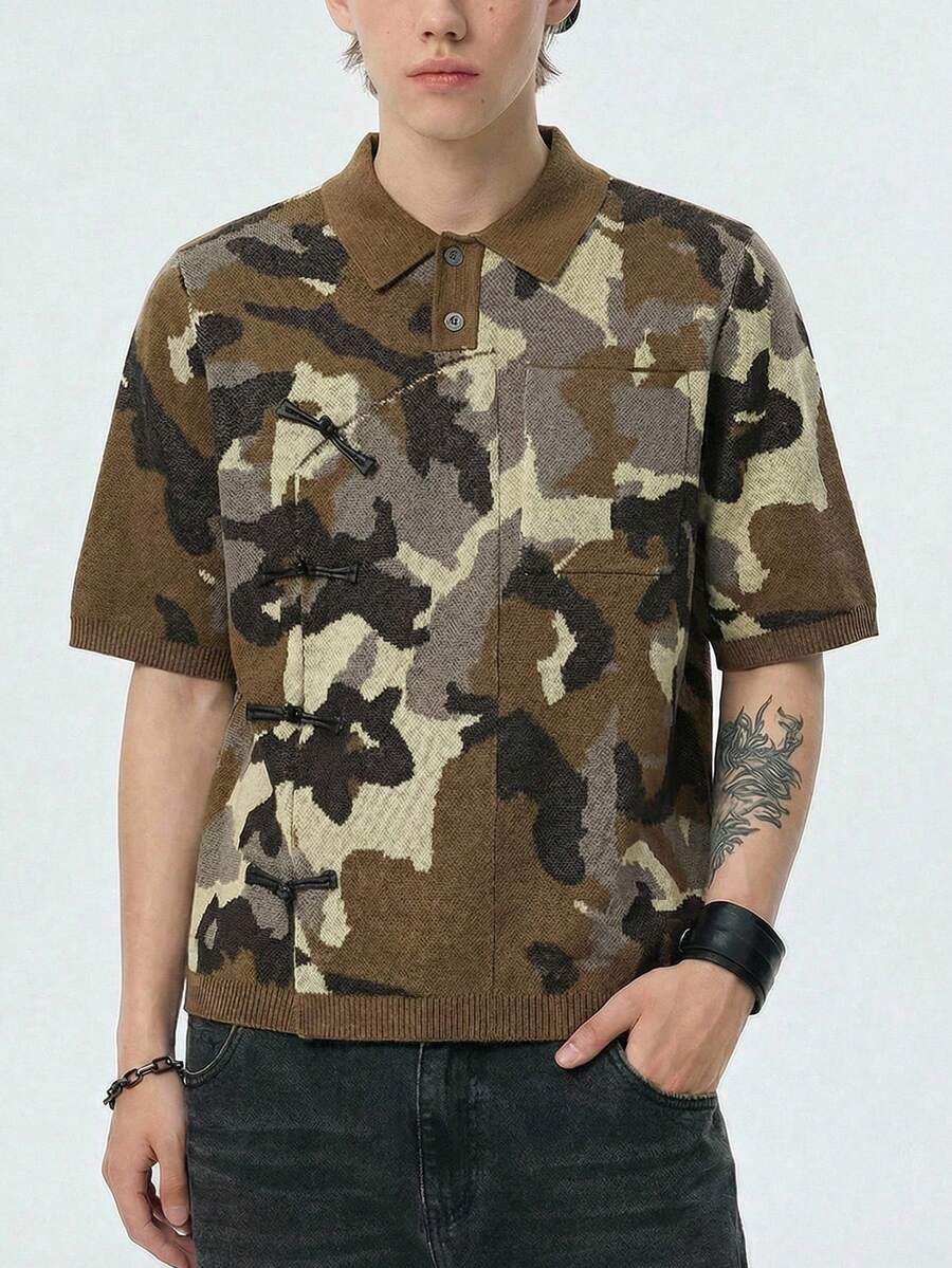 ROMWE MEN Street Life Men's Camouflage One-Buckle Short Sleeve Knit Top - Dark Green - View 1