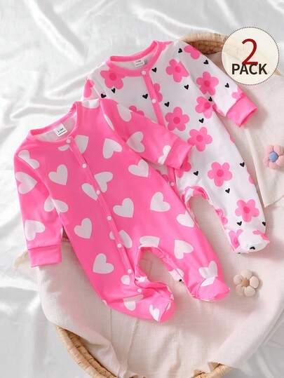 2pcs Newborn Soft & Comfortable Ditsy Floral Footed Pajamas, Long Sleeve