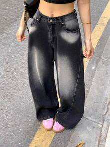 Women's Low Waist Loose Straight Leg Washed Casual Jeans - Black - View 6