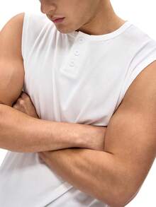 Men's REST ERA White Henley Neck Red & Black Contrast Letter Print Sleeveless Casual Top - White - View 3