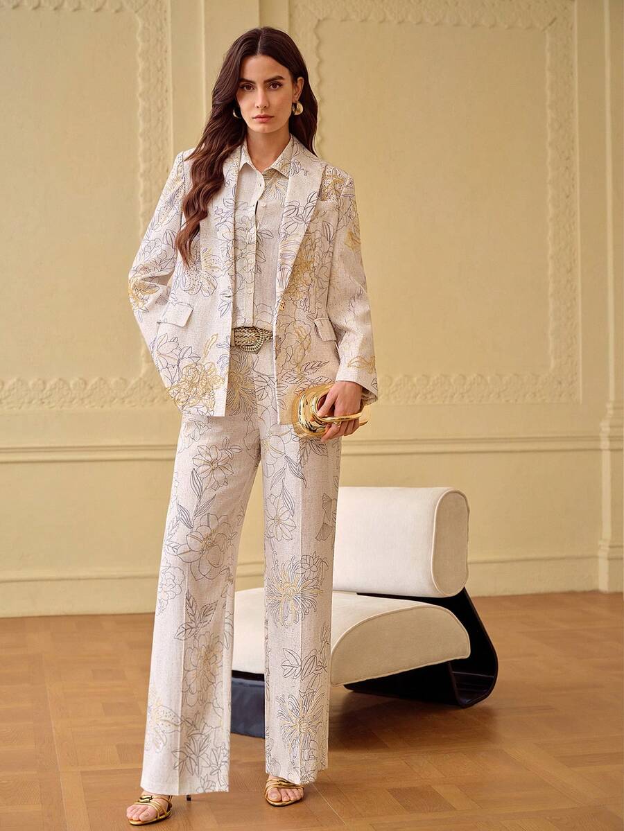 ZEYLAH Printed & Embroidered Mandarin Collar Single-Breasted Suit Jacket, Spring/Summer - Apricot - View 1