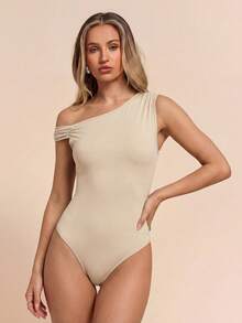 Glamine Women's Minimalist Solid Color Ruched Asymmetric Bodysuit, Summer Bodysuits For Women - Apricot - View 4