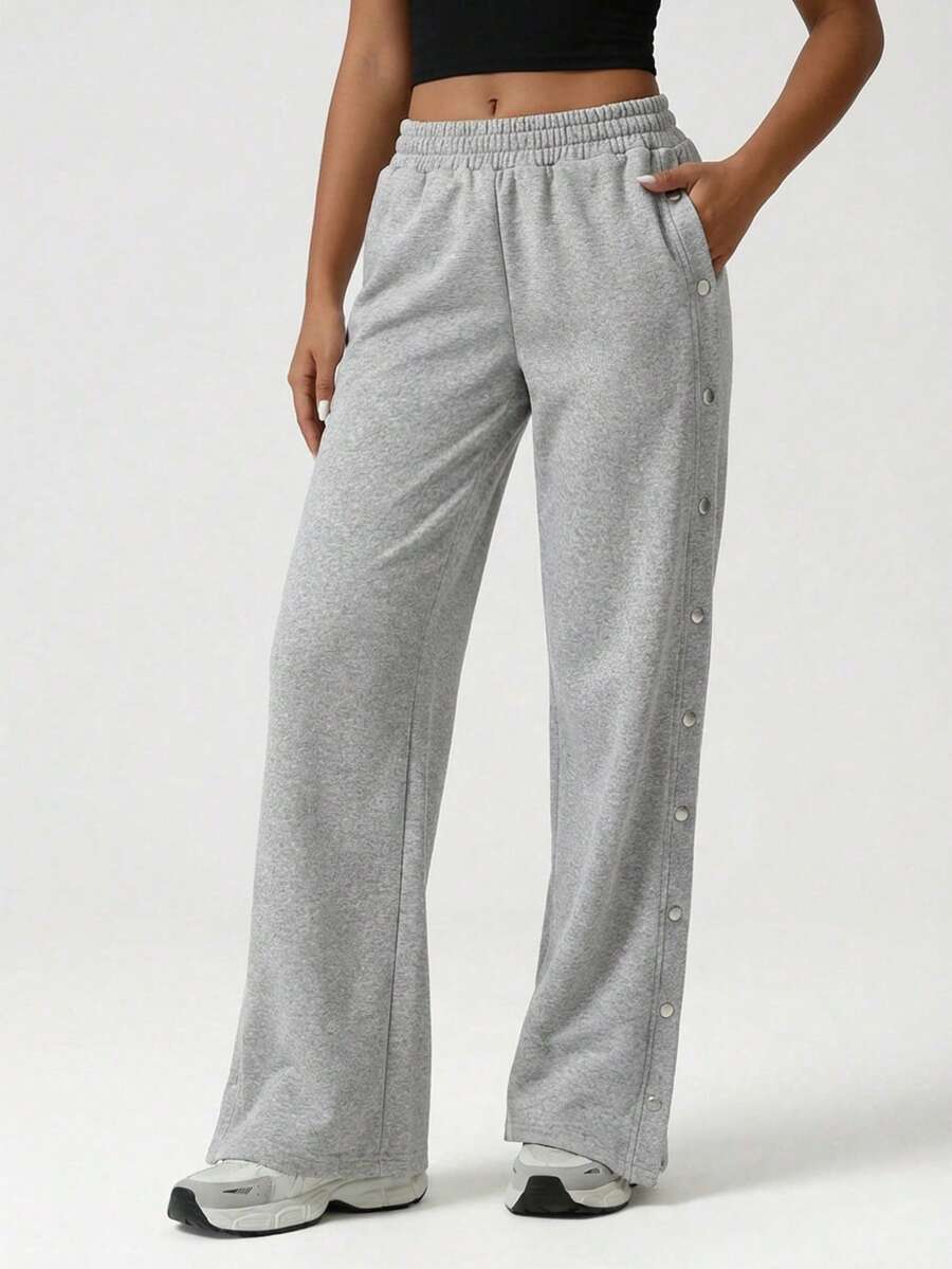 RueChic Pantalones de pierna ancha con abertura lateral con botones y bajo - Gris - Ver 1