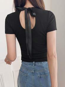 FRIFUL Áo thun nữ cổ tròn ôm sát, chất liệu vải gân, dáng slim fit, thích hợp cho mùa hè. - màu đen - Xem 6