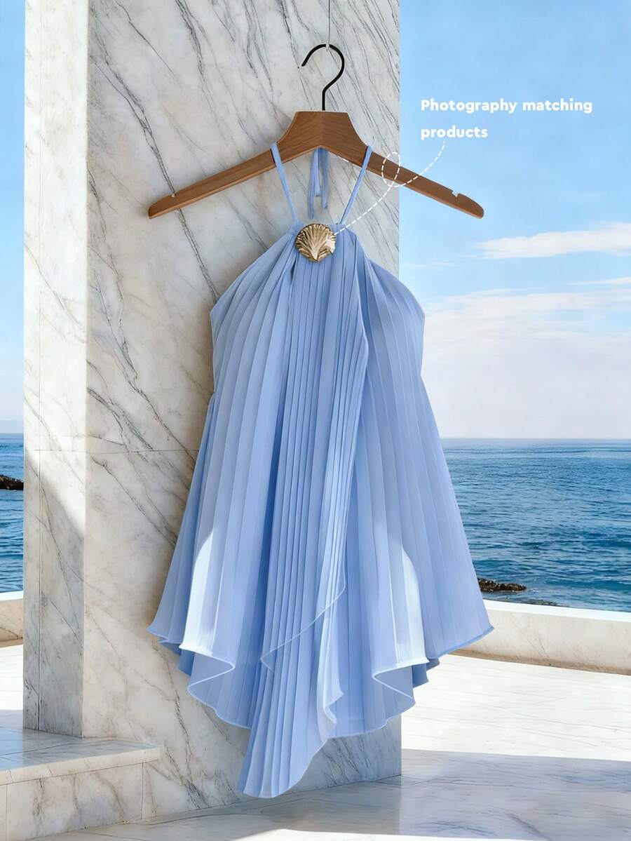 GlowEve 新款露背吊带褶皱休闲性感女式上衣，春夏款 - 淺藍色 - 查看 1