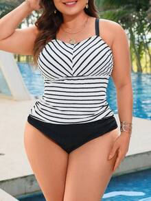 Swim Lushoire Plus Size Women's Solid Color Racerback Swimwear, Black & White Textured Fabric, Sporty & Sexy - Black and White - View 4