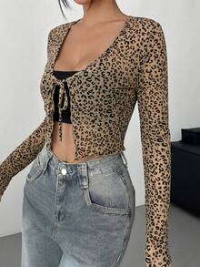 SHEIN EZwear Áo khoác cardigan dệt kim mỏng nhẹ in họa tiết da báo dành cho nữ, Áo họa tiết da báo mùa xuân/hè, Áo in họa tiết động vật, Áo họa tiết da báo, Áo nữ kiểu buộc dây gợi cảm, Áo in họa tiết động vật cho nữ, Áo nữ gợi cảm, Áo họa tiết da báo, Áo mùa hè, Áo dài tay in họa tiết da báo, Áo nữ thường ngày, Áo dài tay cho nữ. - Màu Khaki - Xem 6