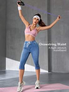 Flexra Women's Casual Commuting Drawstring Waist Button Fly Hem Skinny 3/4 Length Jeans - Blue - View 7