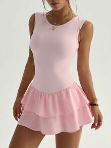 CourtClass 女士无袖圆领露背U型后背多层裙式连体裤，带口袋，适合日常休闲穿着、跑步、瑜伽、健身、网球、高尔夫、春夏穿着。 - 粉色 - 查看 3