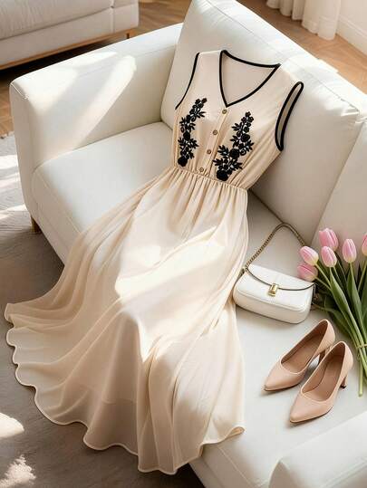 GlowEve CURVE 大码无袖A字连衣裙，饰有刺绣花卉图案，雪纺面料