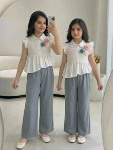 Conjunto de blusa y pantalones para niña preadolescente, elegante, con cuello de solapa, manga corta de volante, volantes y decoración de flor 3D - Celeste - Ver 1