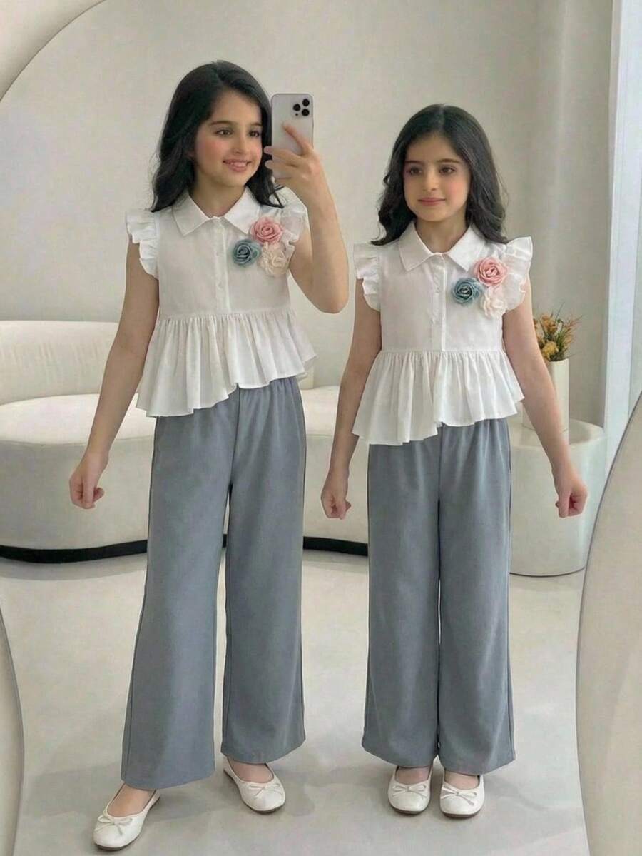 Conjunto de blusa y pantalones para niña preadolescente, elegante, con cuello de solapa, manga corta de volante, volantes y decoración de flor 3D - Celeste - Ver 1