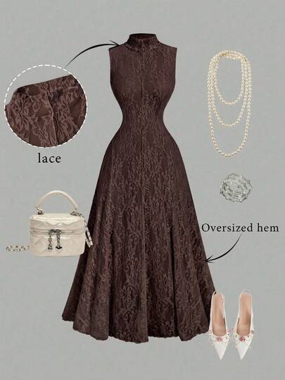 SHEIN MOD Plus Size Stand Collar Flare Apricot Lace Elegant Dress Brown Dresses Classy Elegant Brown Wedding Guest Dress
