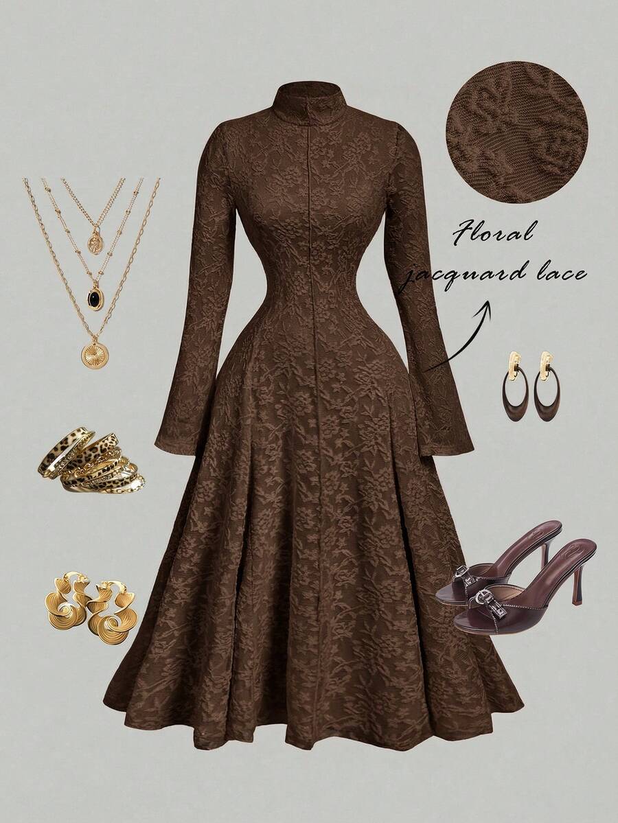 SHEIN MOD 这款复古魅力杏色纯色提花长袖立领连衣裙，优雅迷人，是约会、派对、度假的完美之选，也适合邮轮旅行、毕业典礼、夏威夷风情、嘉年华、飘逸长裙、舞会礼服和下午茶等场合。 - 棕色 - 查看 1