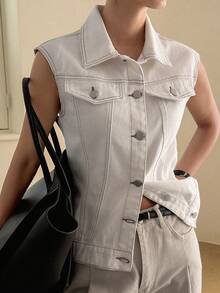 DAZY Women's Collared Sleeveless Fitted Casual Denim Blouse - White - View 7