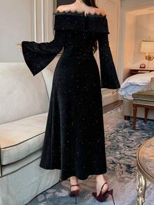 Women's Off Shoulder Lace Patchwork Long Velvet Fitted Elegant Dress Maxi Dress Sundress - Black - View 6