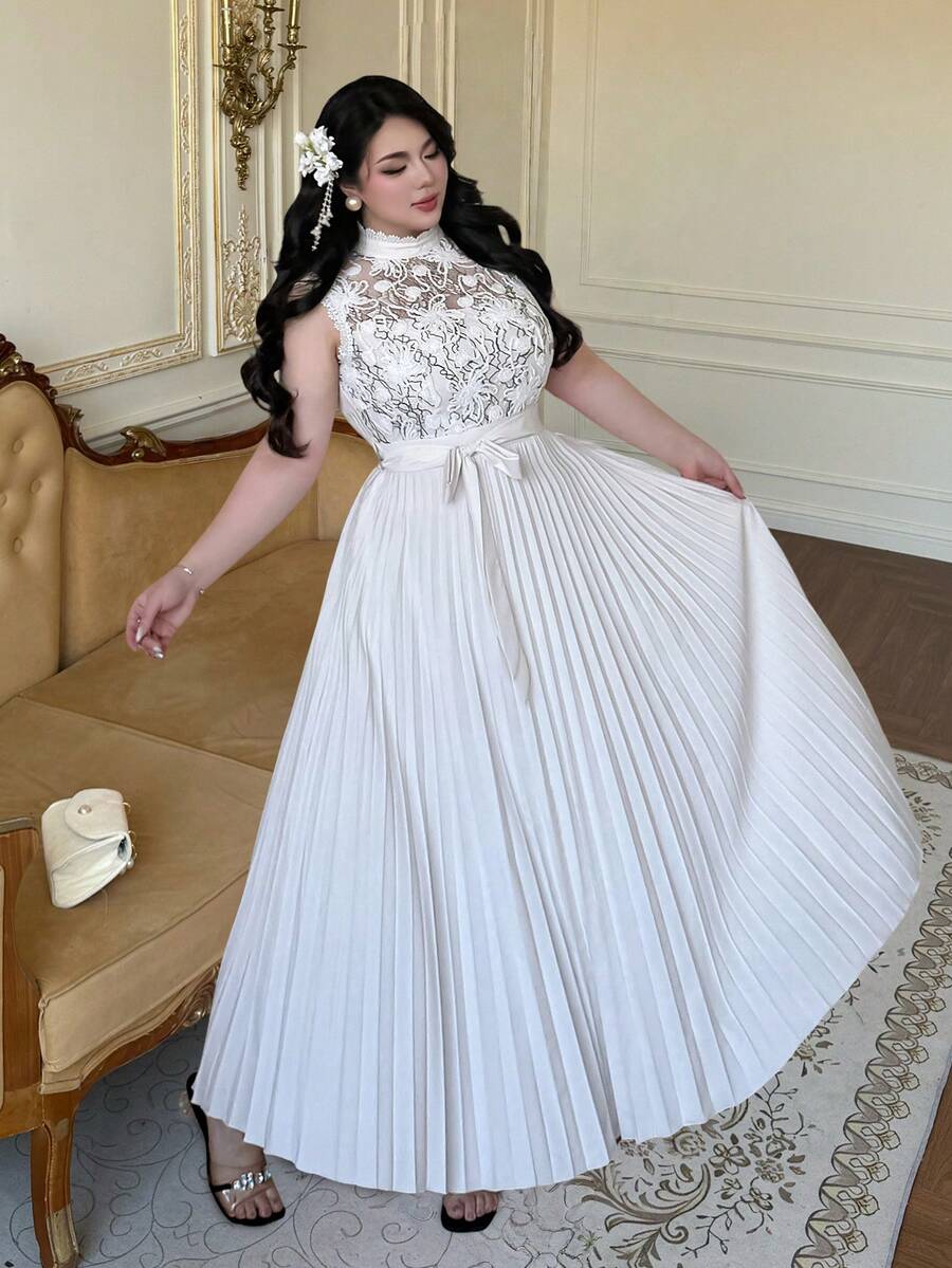 Vibekara Plus Size Square Neck Ruffle Sleeve 3D Lace Pleated Dress, Elegant Vintage Style, Suitable For Weddings, Vacations, Midi Length Pale Peach Dress For Women - Apricot - View 1