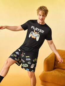 Men's Funny Game Console Print Short Sleeve Pajama Set - Multicolor - View 3