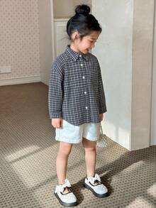 Hapijoa Girls (Small) Summer Plaid Casual Korean Style Long Sleeve Fresh And Sweet Shirt - Blue - View 7
