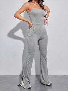 SHEIN EZwear 夏季黑色开衩下摆修身喇叭连体裤 - 灰色 - 查看 4