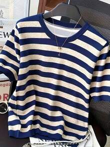 SHEIN Plus Size Summer Casual Striped Crew Neck Short Sleeve T-Shirt - Multicolor - View 3