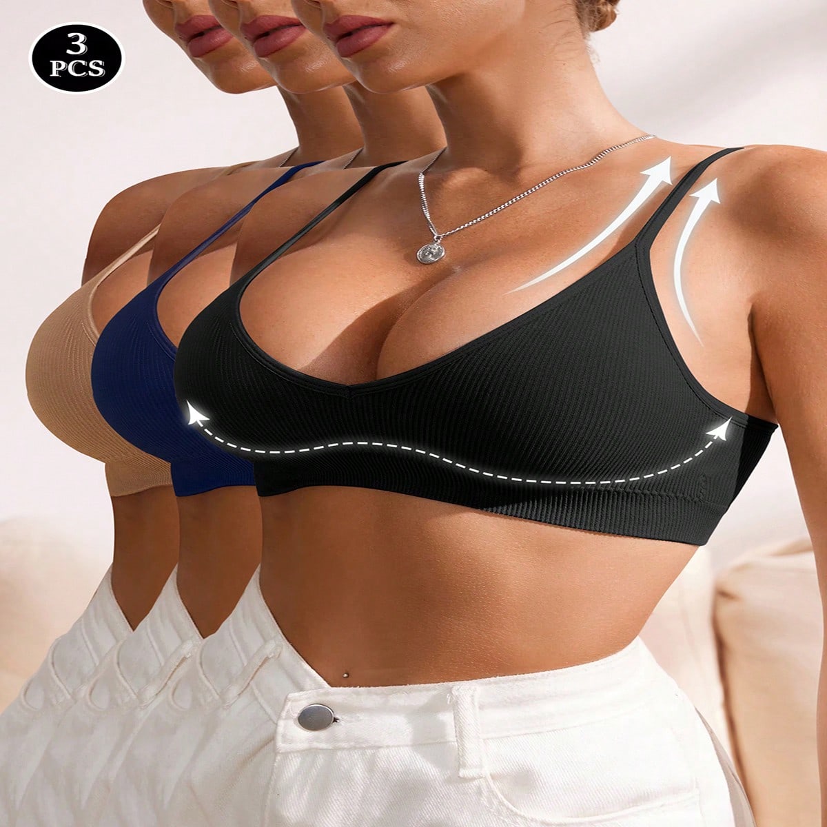 Set de 3 sujetadores casuales sin costuras y sin aros para mujer con diseño acanalado