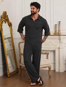 DAZY 浅灰色短袖衬衫和长裤男士家居服套装，春夏款 - 淺灰色 - 查看 3